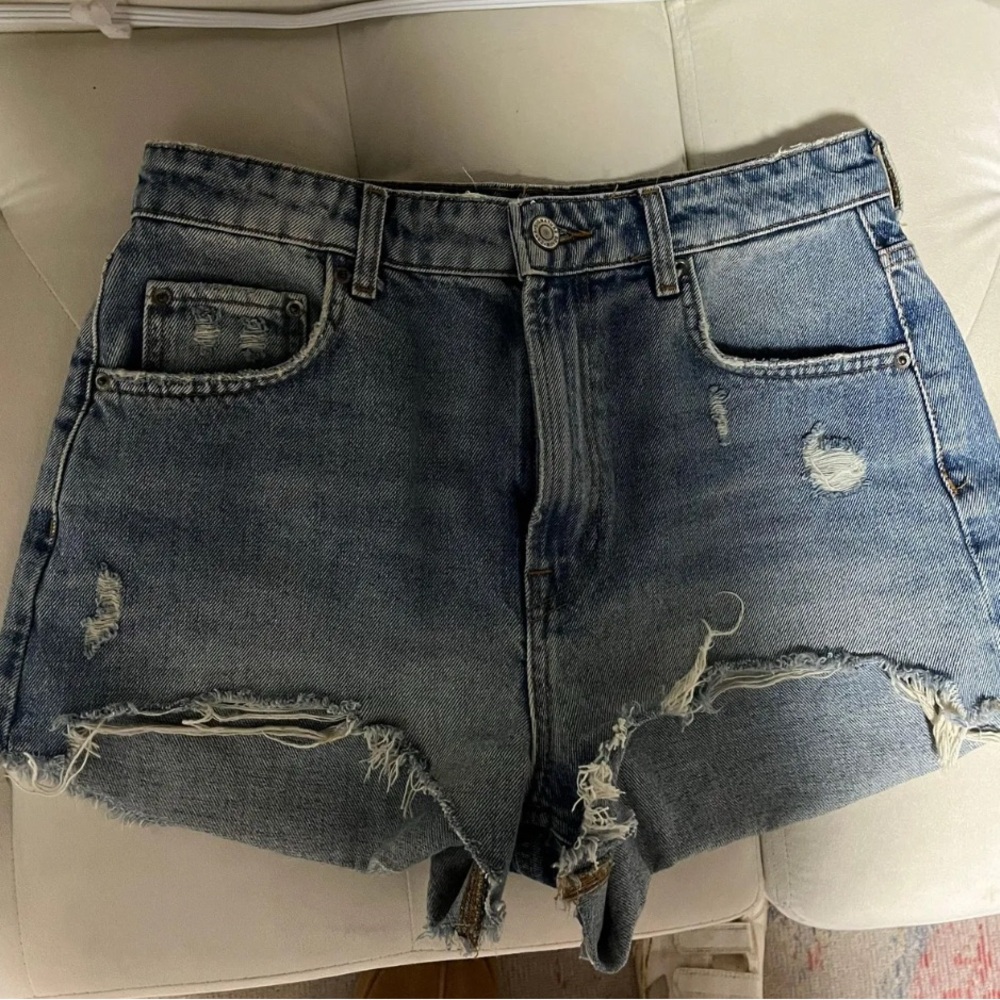 Zara Blue Jean Shorts Distressed High-Waisted